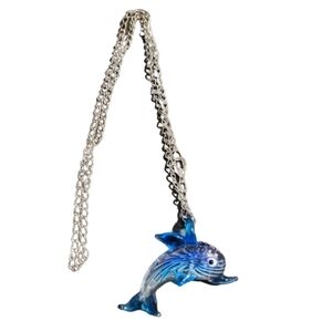 Dolphin necklace silvertone chain blue clear dolphin pendant so cute